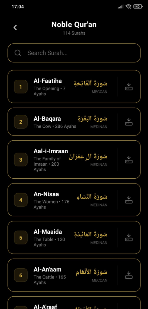 Surah List in Nur App